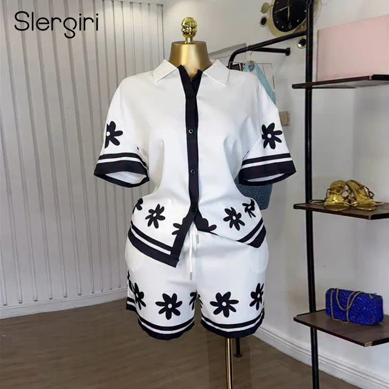 

Slergiri Women's Short Sets 2025 Summer Short Sleeve Shirt Printed Casual Elastic Waist Shorts Fashion 2 Pices Set Woman