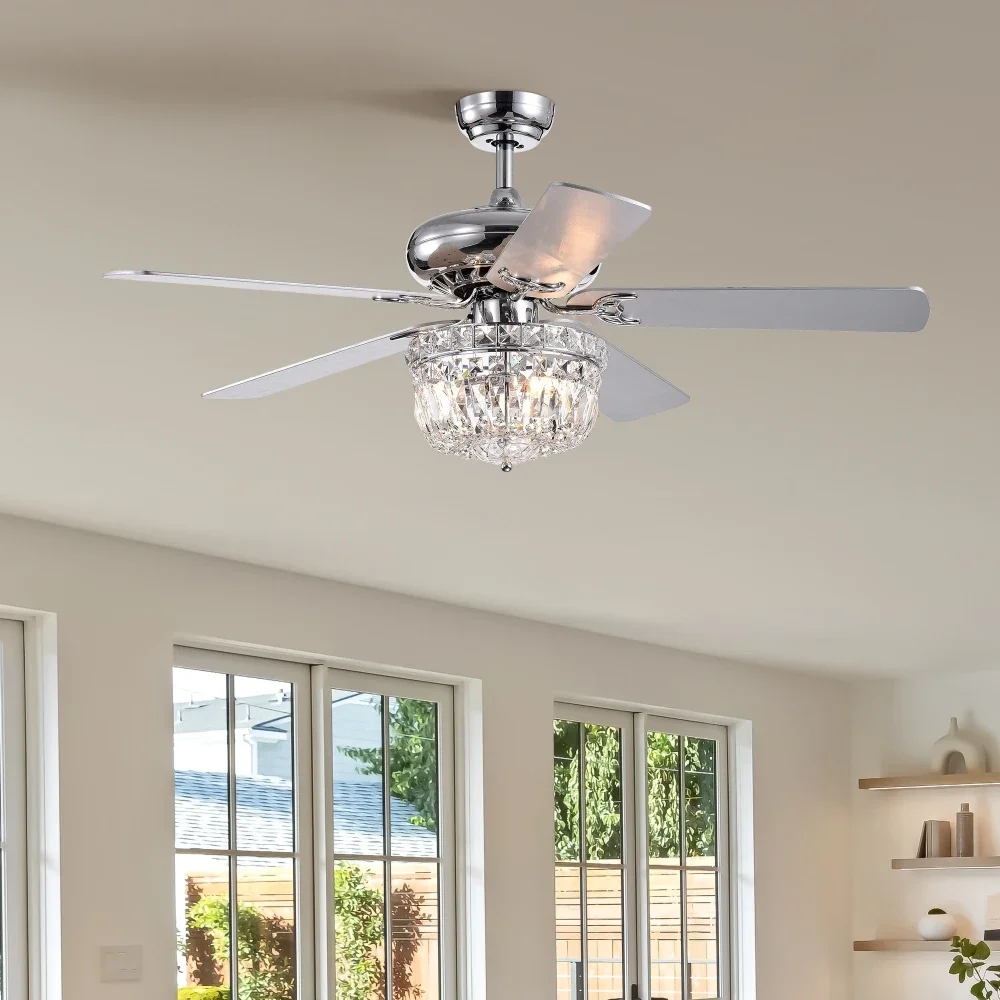 52 Inch Crystal Chandelier Fan Reversible Blades Ceiling Fan with Remote Control 3 Speed for Living Room Dining Room Bedroom