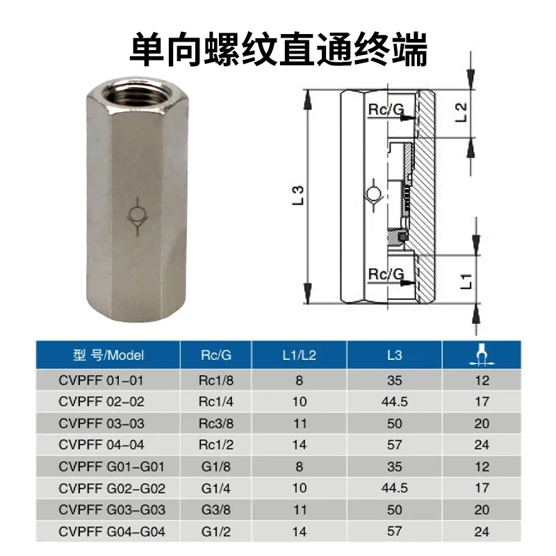 Internal thread check valve PCVF check valve 1/4 spring check valve 01 02 03 04 double internal thread 10PCS