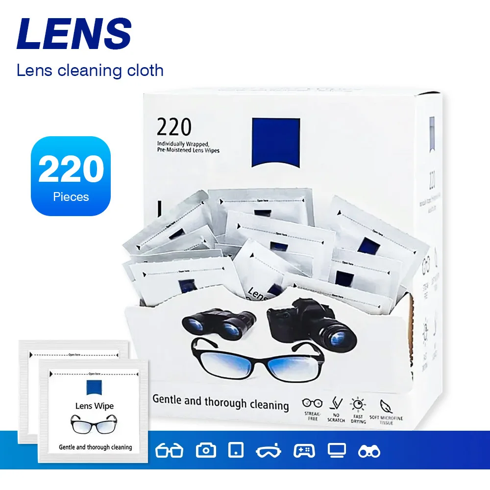 

Предварительно увлажненные салфетки для линз для очков Салфетки для чистки линз 220 шт. Очки в индивидуальной упаковке для солнцезащитных очков с объективом камеры