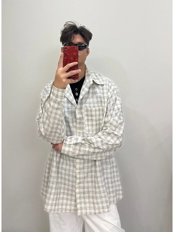 

TANGZ Studio Men's Plaid Long Sve irt Casual Loose Fit Bla White ids Basic Sle American Retro Spring Season