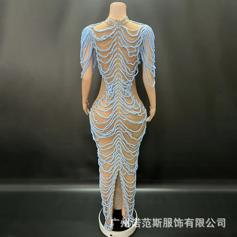 Design Wool Circle Nude Mesh Temperament Long Dress Model Catwalk Fashion Women's Party Dress Vestidos De Fiesta Elegante Señora