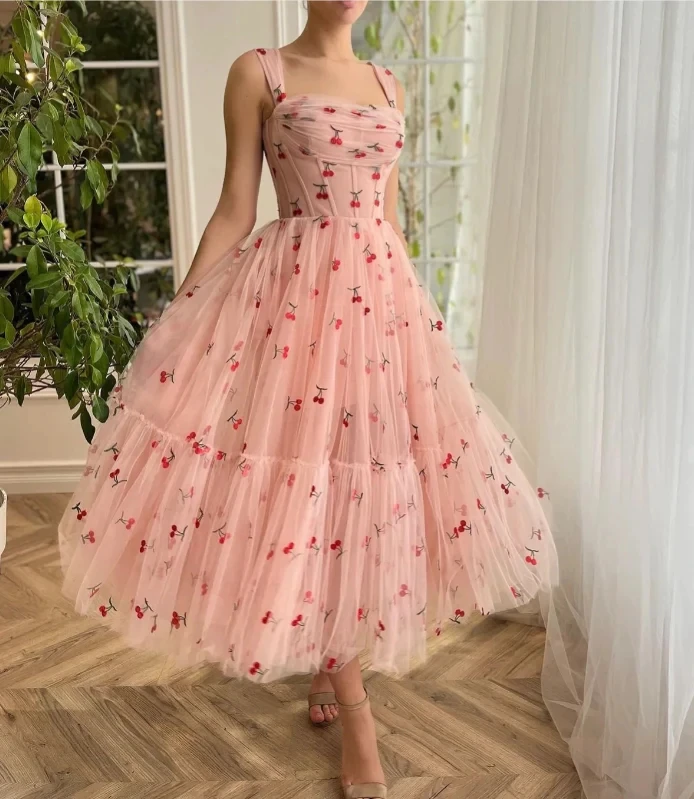 A-line Cherry Lace Appliques Prom Dresses for Women Tulle Wedding Dress lovely Long Skirt فساتين متوسطة الطول