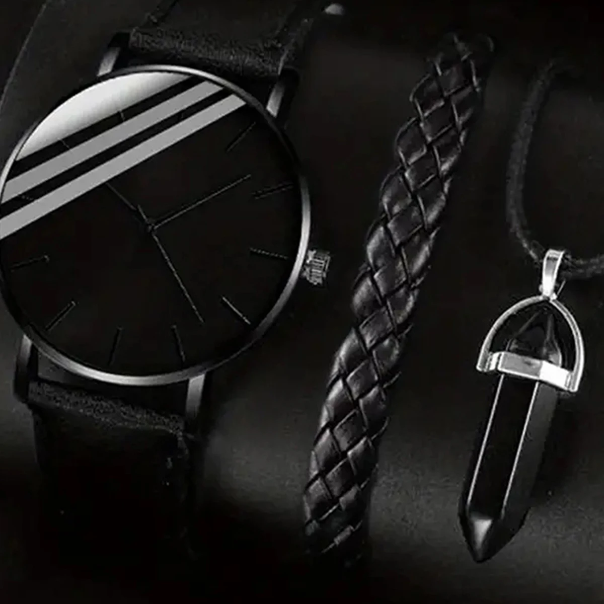 3PCs Men's Simple Round Belt Quartz Watch+Woven Bracelet+Necklace Combination Set 3PCs Men's Simple Round Belt Quartz Watch+Wove