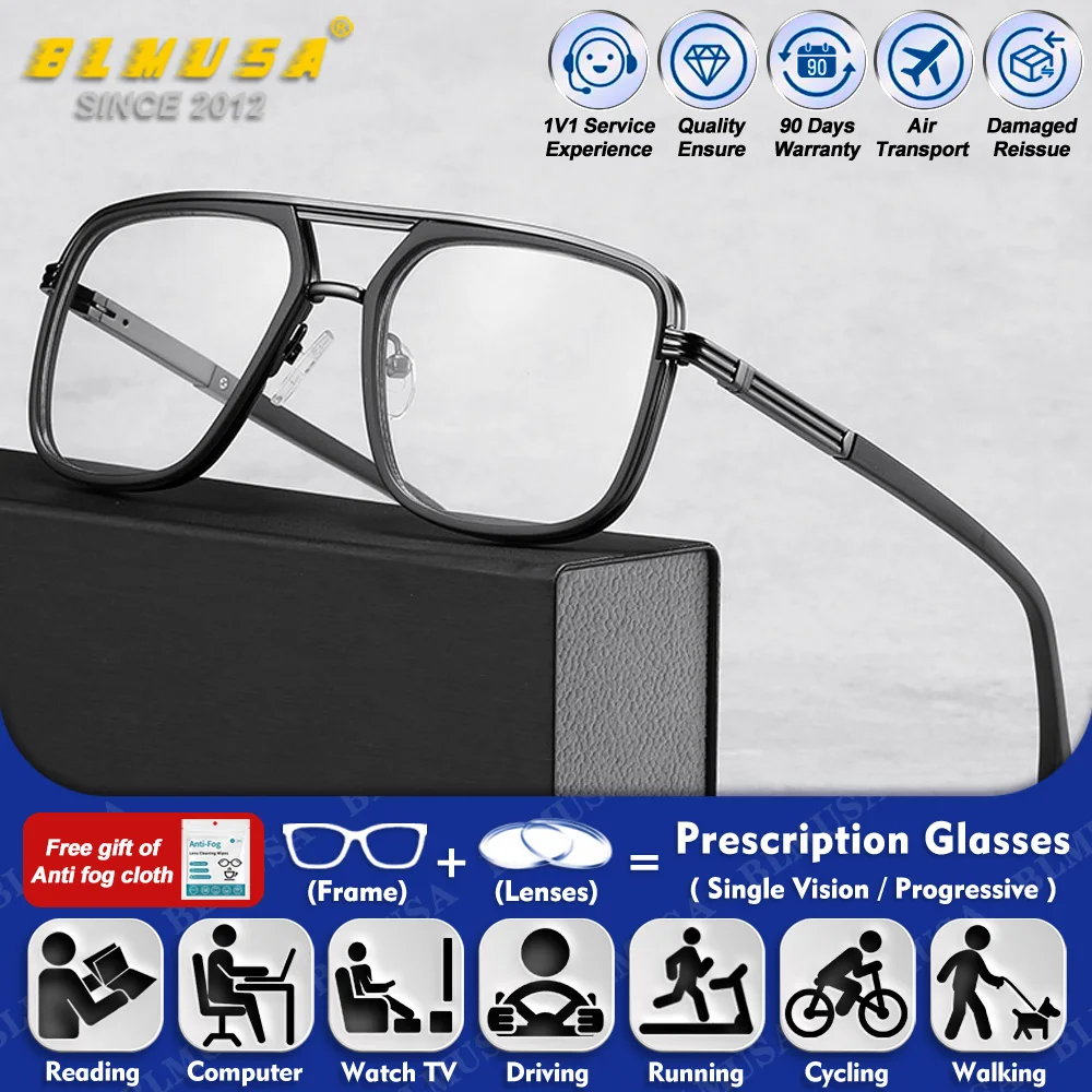 

BLMUSA (L) Simple Men Pilot Myopia Hyperopia Prescription Glasses Trendy Anti Blue Ray Photochromic Progressive Reading Eyeware