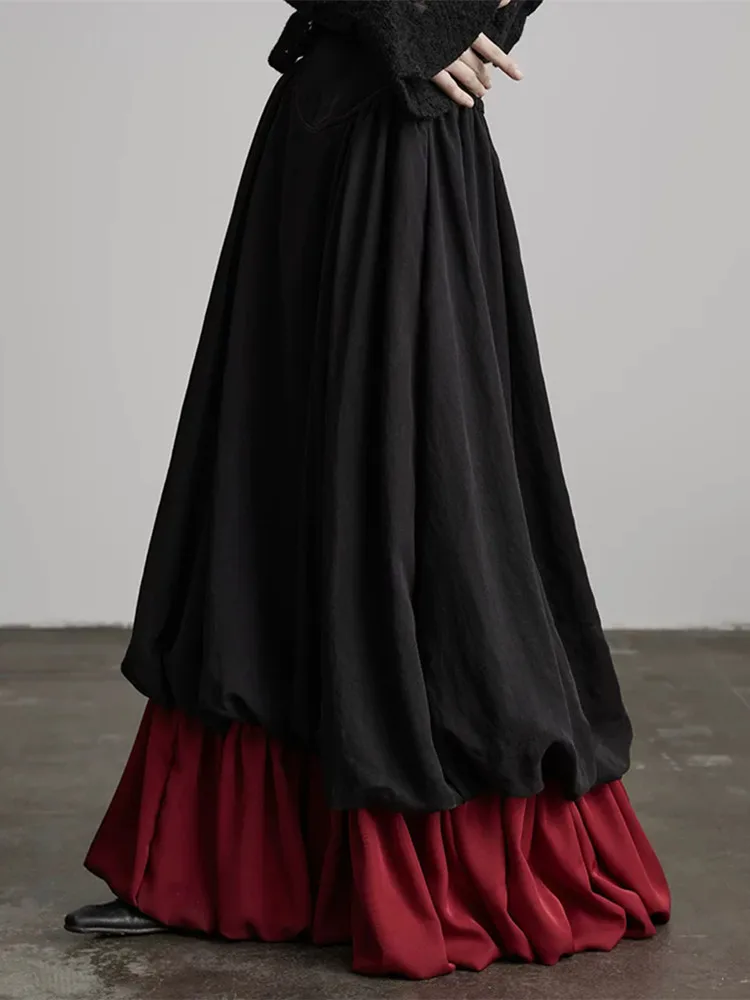 64-68cm Elastic Waist Autumn Winter Long Skirt Women Vintage Elegant Black and Red Color-Block All-Match A-Line Tulip Maxi Skirt