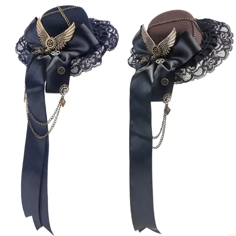 

P88B Masquerades Top Hat with Ribbon Bowknot Victorians Hat Man Women Steampunk Hat