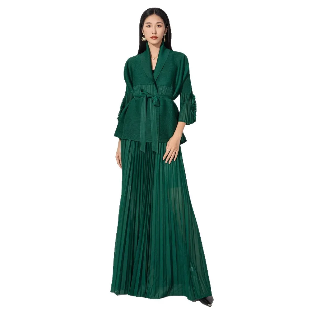 Miyake Plissee 2 Stück Set Frauen Gespleißt Tops + Kleid Lose Elegante Chic Stil Neue Frühling 2025, Einfarbig Weibliche Kleidung