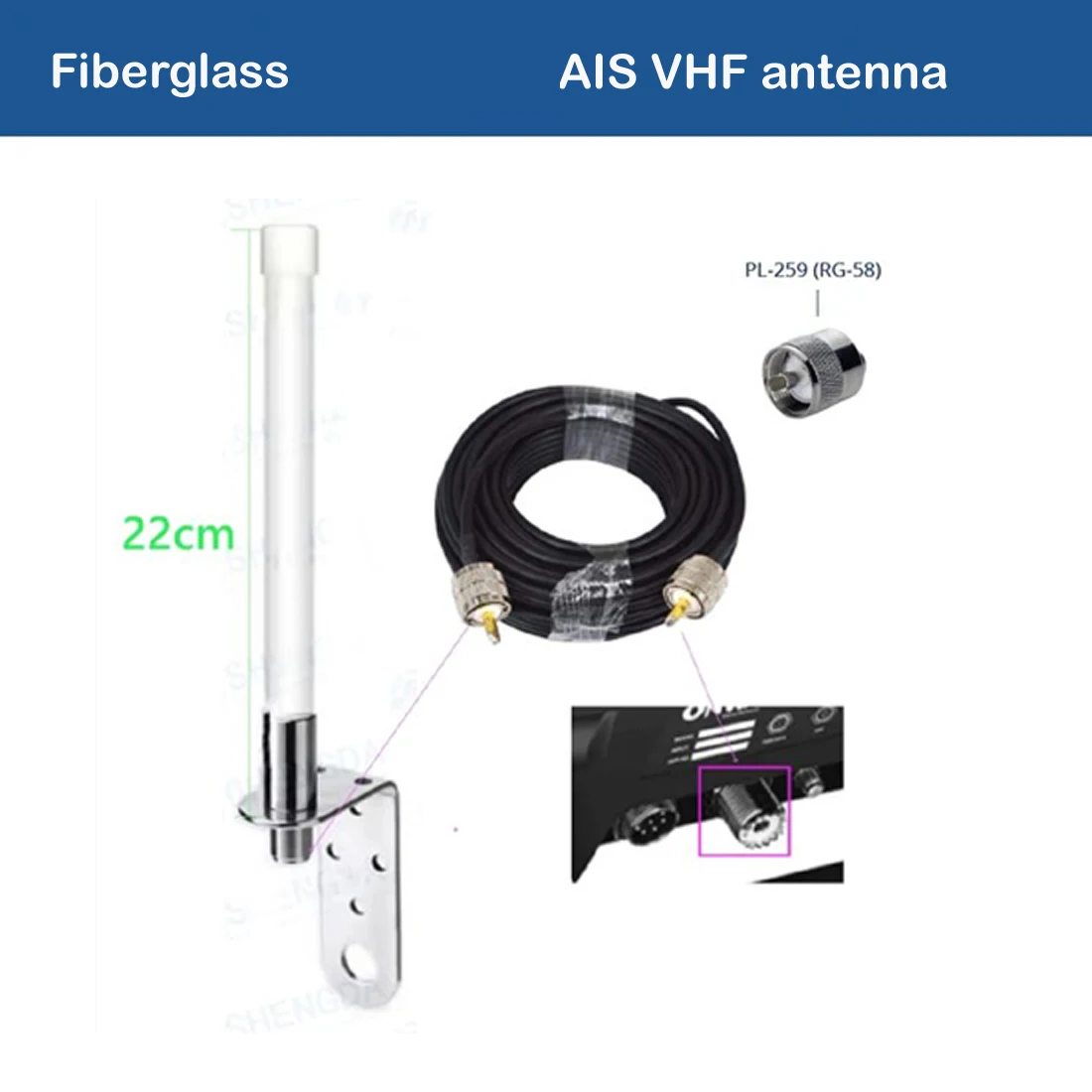 VHF VHF 22cm Short Marine Antenna 156-163MHz Fishing Boat Omni Antenna Outdoor Fiberglass Antenna with Stainless Steel Bracket