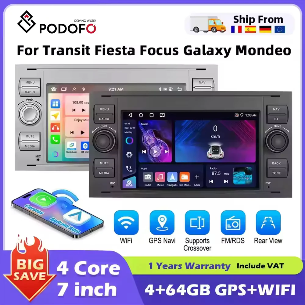 Radio samochodowe Podofo 7 cali z CarPlay, Android Auto i nawigacją GPS do Ford Focus, Transit, Fiesta, Galaxy, Mondeo, Fusion, Kuga, C-Max