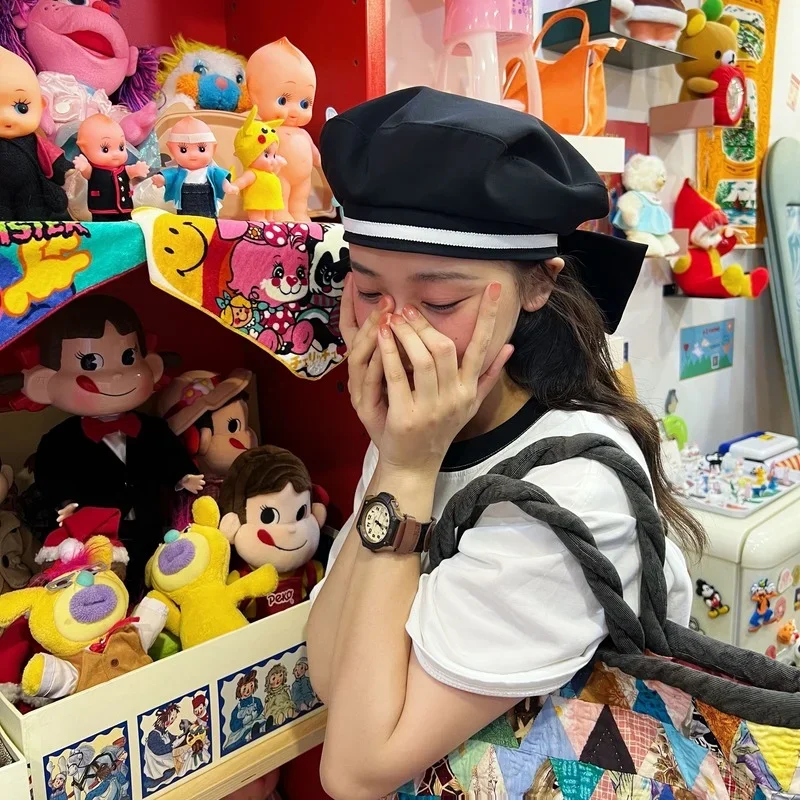 Oversized Bow Beret for Women 2022 Summer Ins Popular Striped Designer Berets Hat Niche Painter Cap Japanese Sailor Hats