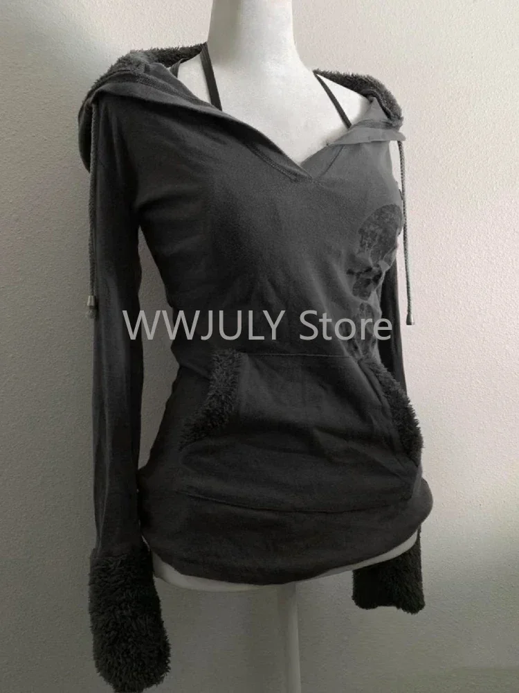 American Vintage Grey Long Sleeved T-shirt Autumn Fashion Original Old Style Hoodie Y2k High Street Slim Women Tops Chic