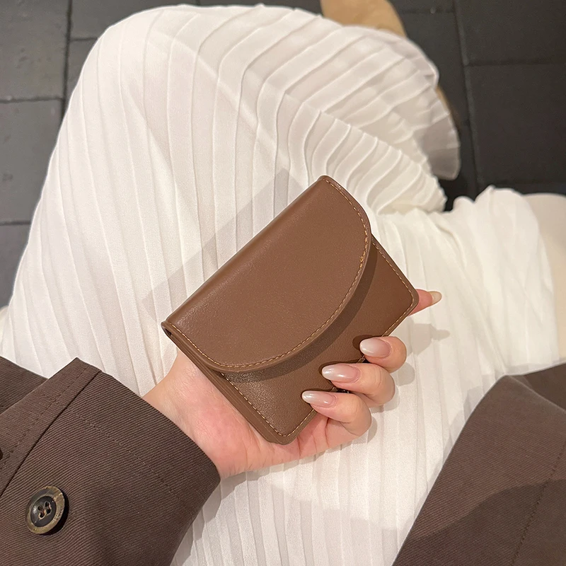 Ladies Small Brown PU Leather Wallet Envelope Clutch Purse with Flip Cover Fashion Minimalist Card Holder Gift for Her