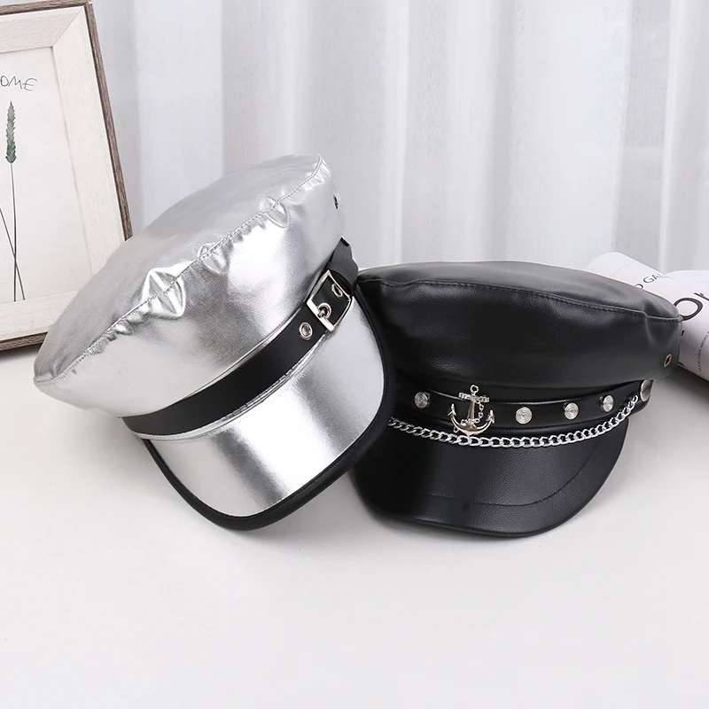 Vintage Leather Navy Caps Punk Hip Hop Wind Beret Black PU Military Cap Gothic Army Hat