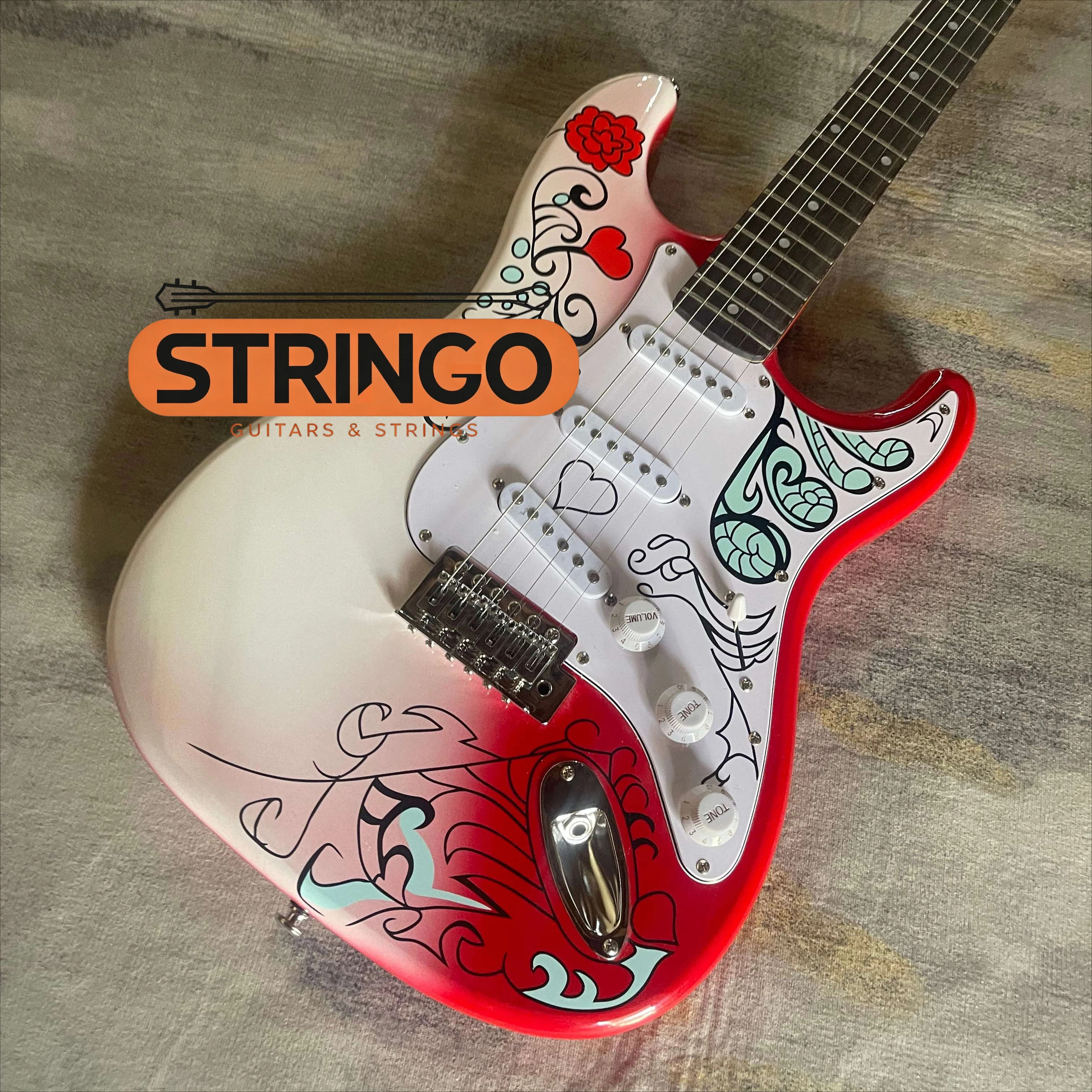 Red White Gradient STH Graphic Electric Guitar Rose Pattern SSS Pickups Single Tremolo Rock Performance Electric Guitar