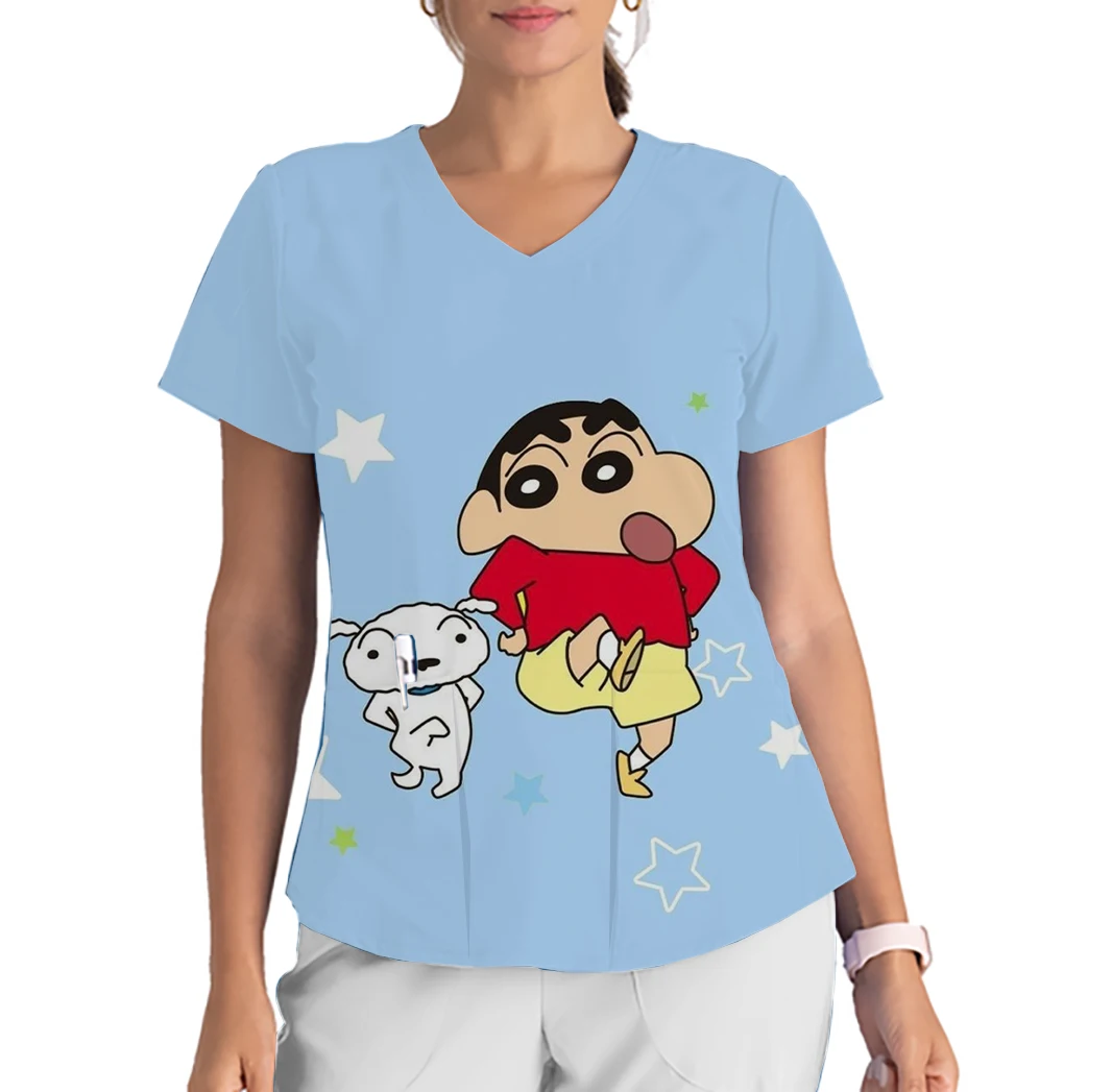 V-Neck Print Scrub Top Top Anime Crayon Shin-chan Print Childlike Men's Work Clothes Children's Center Pet Store Work Uniform