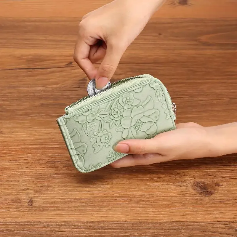 Ladies Zip Coin Purse With Key Ring Embossed Design, Multi Card Slots Large Capacity Wallet Fashion Accessories