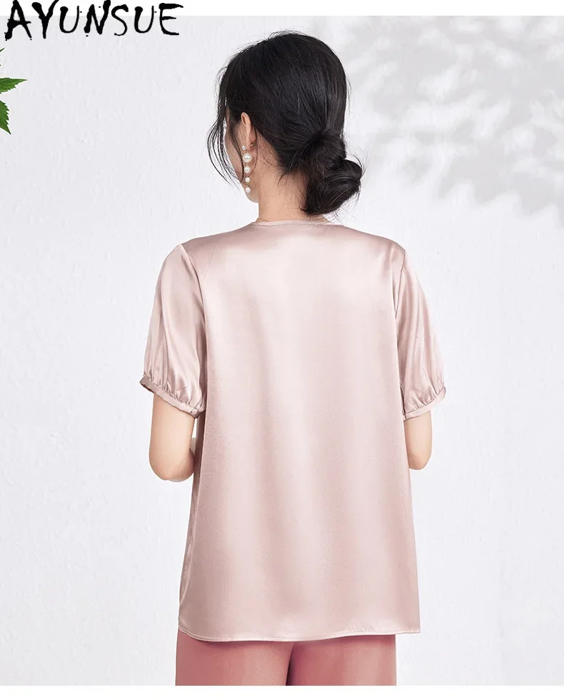 AYUNSUE 100% Real Mulberry Silk T Shirts for Woman Luxury 2024 Casual Tops Summer Women Clothing Essentials Solid Top Camisetas