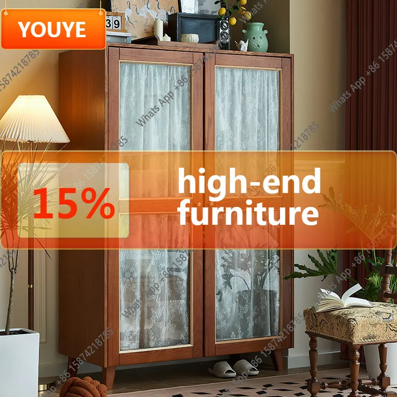 

O A Retro Double Door Wardrobe Solid Wood Locker Gauze Curtain Chinese Glass Wardrobe