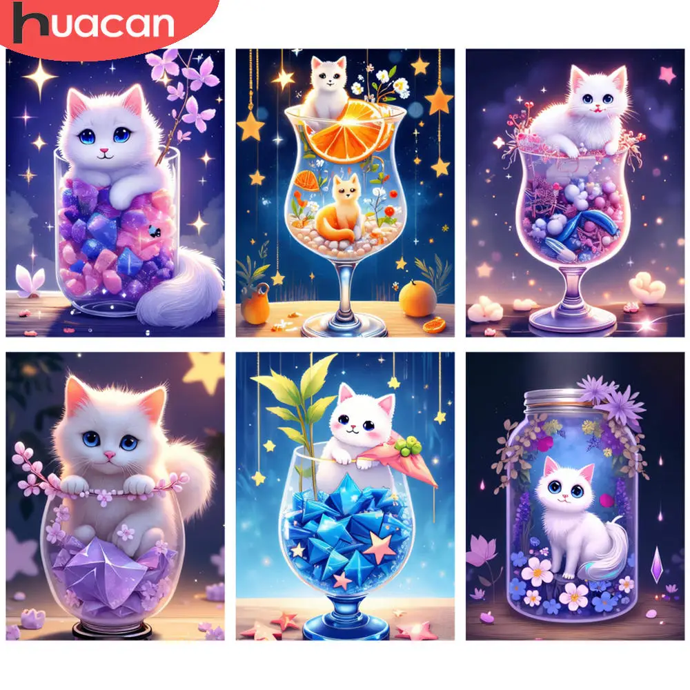 HUACAN Komplette Kits Diamantmalerei, skurrile Katze im Kristallglas, Fantasieszene, Strass, 5D-DIY-Dekoration