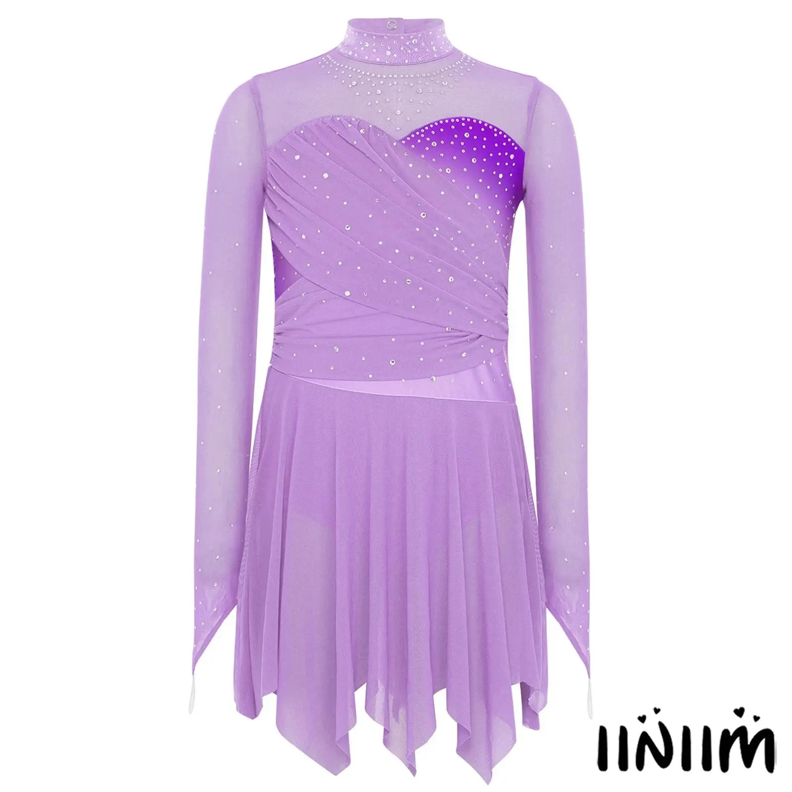 

Kids Girls Gymnastics Lyrical Dance Dress Long Sleeves Shiny Rhinestone Irregular Hem Ruched Mesh Dresses Ballet Dress Dancewear