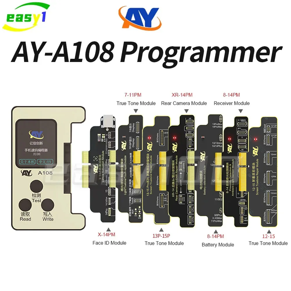 AY-programador A108 para iPhone X-14 Pro Max, dispositivo con batería para proyector de puntos, cámara trasera de tono verdadero, herramienta de programa de lectura y escritura