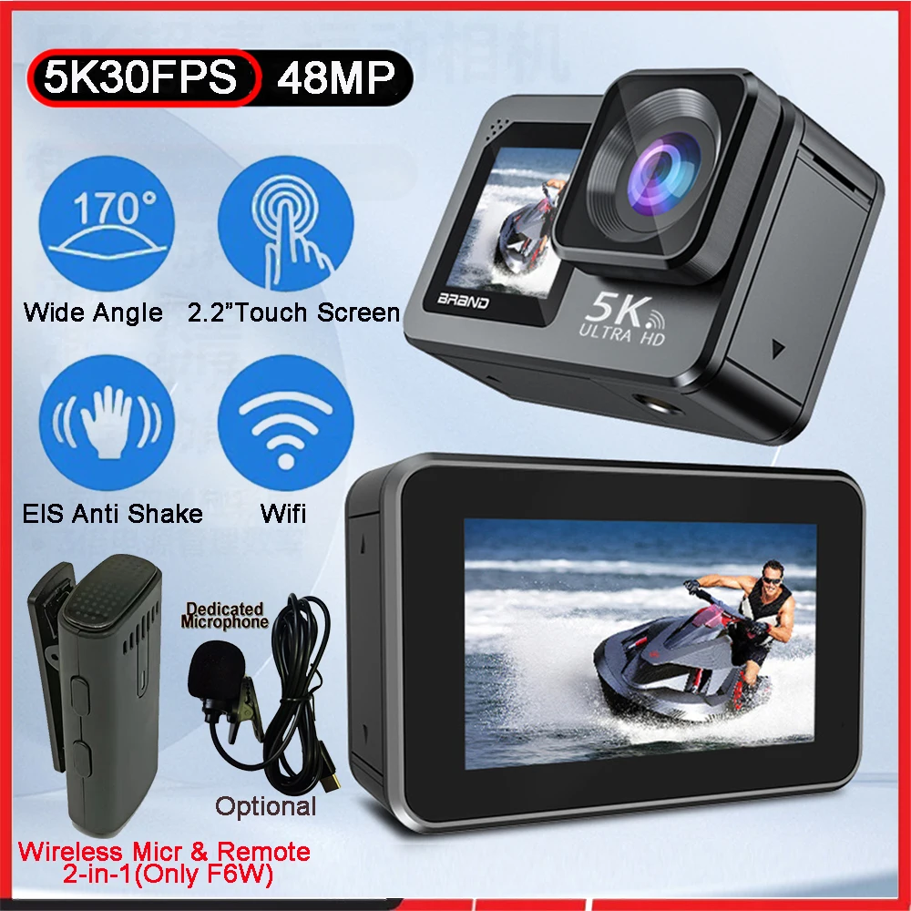 Action Camera F6W Wireless Mic 5K 4K60FPS 48MP 2.2