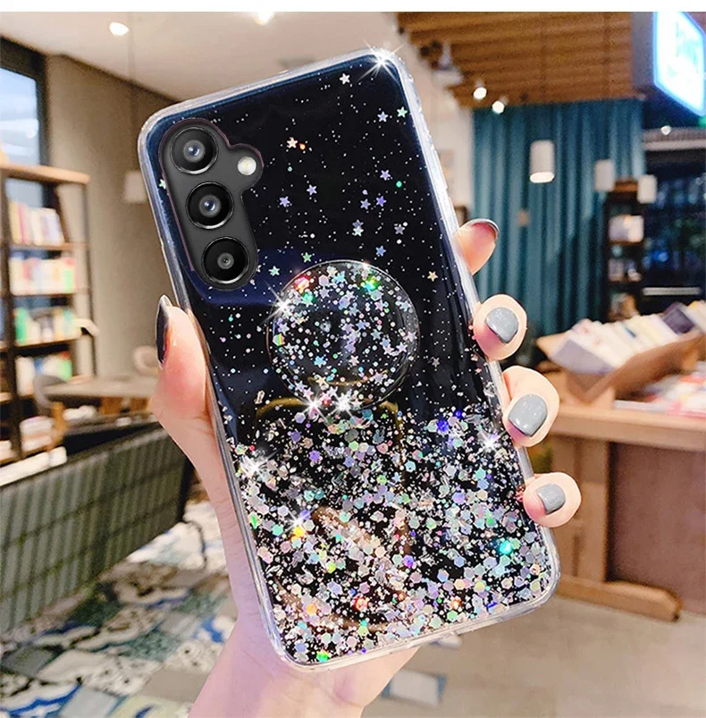 Bling Glitter Silver Foil phone holder Case For Samsung Galaxy A16 A06 5G Silicone Cover