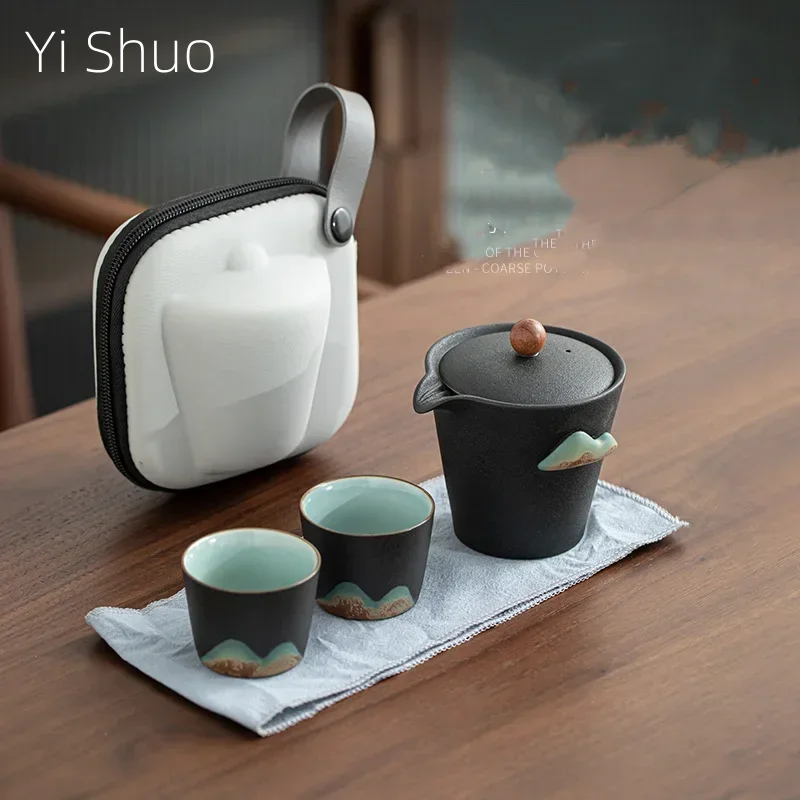 Japanese Style Hand Drawn Yuanshan Travel Tea Set Stoneware Convenient Tea Cup Set One Pot Two Cups Car Portable Mini Set