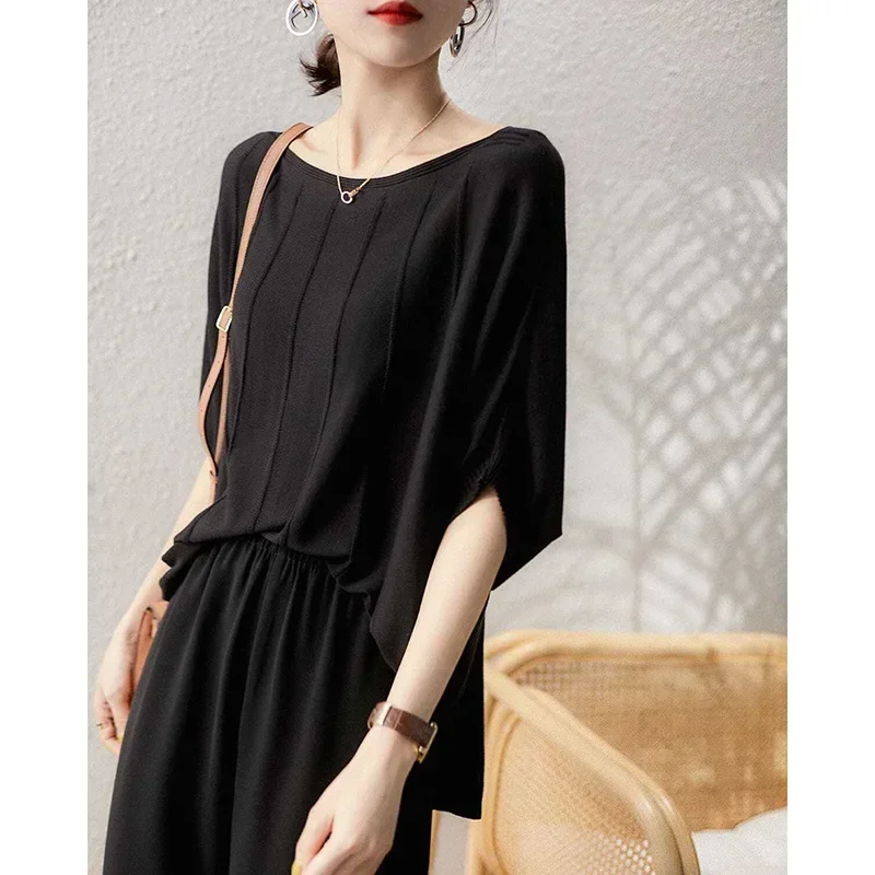 Fashion Solid Color Knitted Asymmetrical Blouse Women's Clothing 2023 Summer New Casual Pullovers Batwing Sleeve Korean Shirt