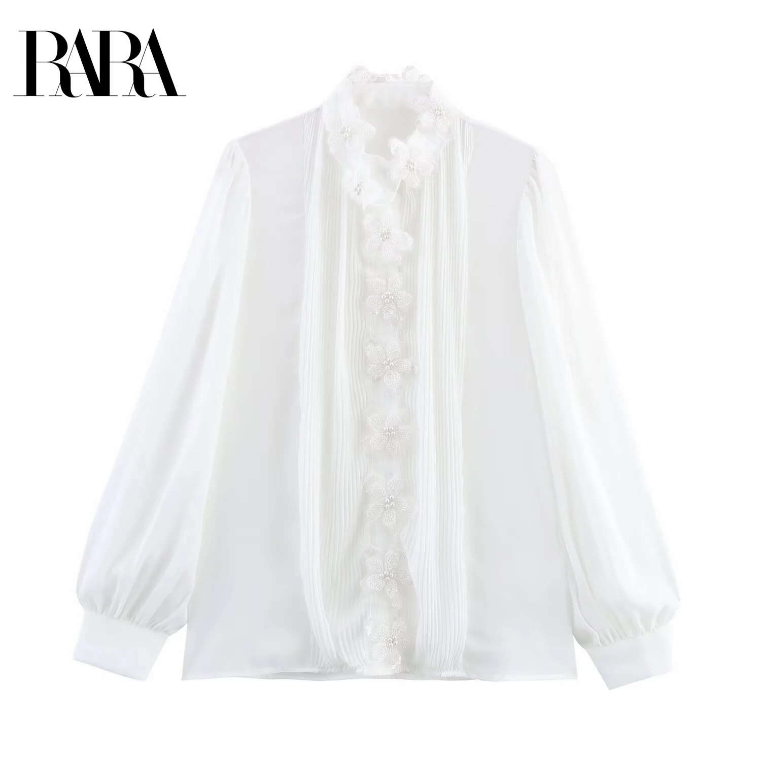 

RARA2025 new summer women's clothing sweet temperament flower pearl button closed long sleeve stand collar shirt