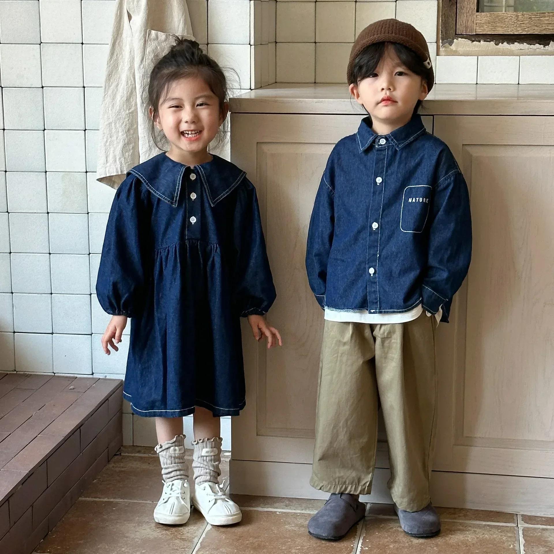 4058 Brother Sister Clothes 2024 Autumn New Girls' Denim Dresses Or Baby Boy's Shirt Coat Cool Denim Jacket