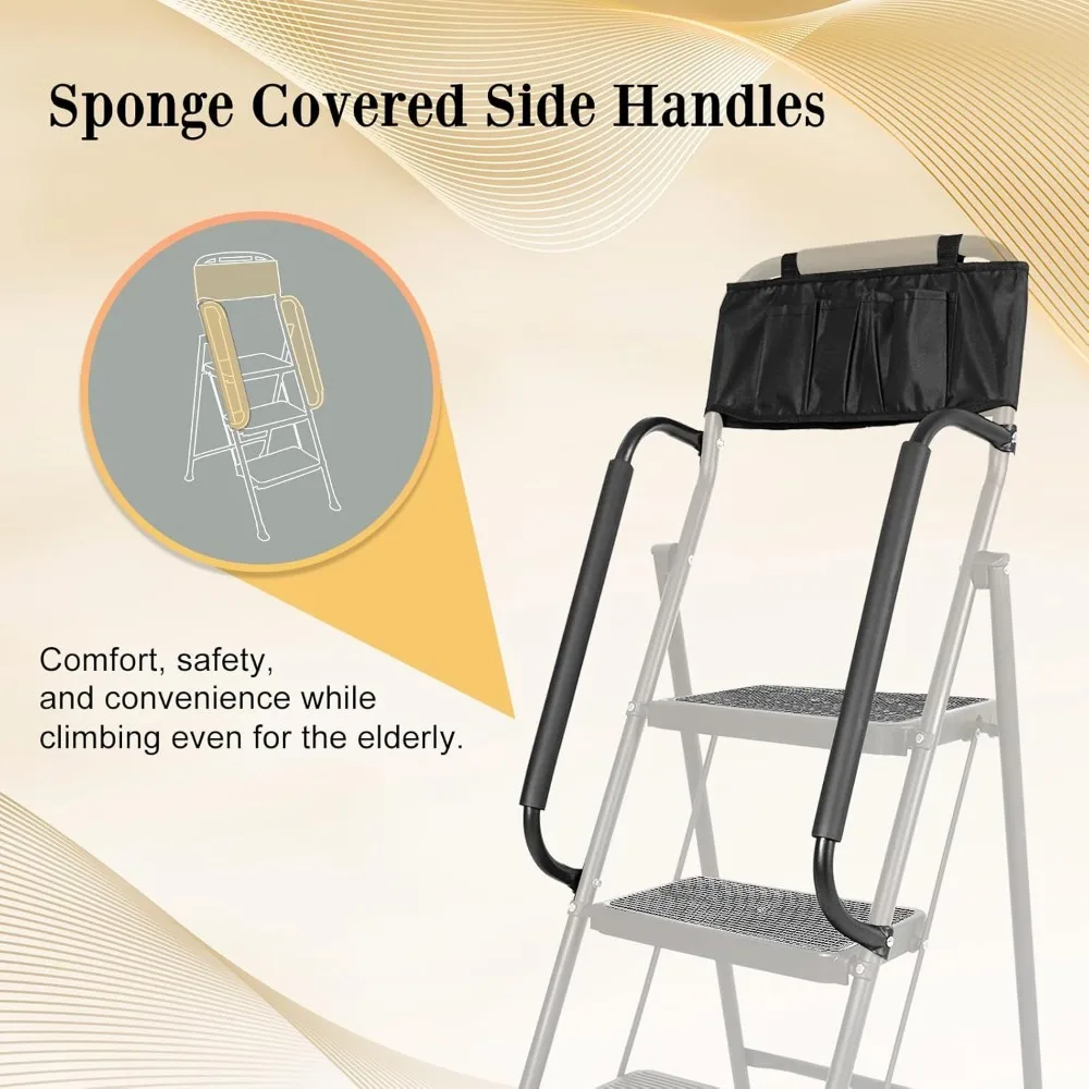 مقعد متدرج قابل للطي عالي التحمل مع دواسات واسعة مضادة للانزلاق، ودرابزين أمان، وسعة 500 رطل، وسلم من 3 خطوات للمنزل والورش #2