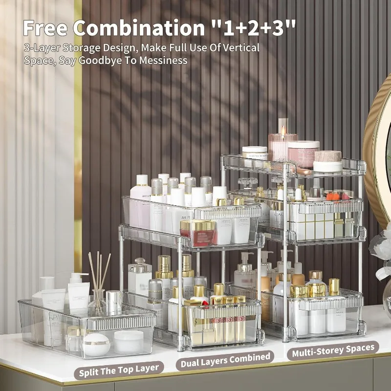 منظمات حمام شفافة، مجموعتان من 3 طبقات، منظمات تخزين تحت الحوض قابلة للتكديس مع 12 فواصل