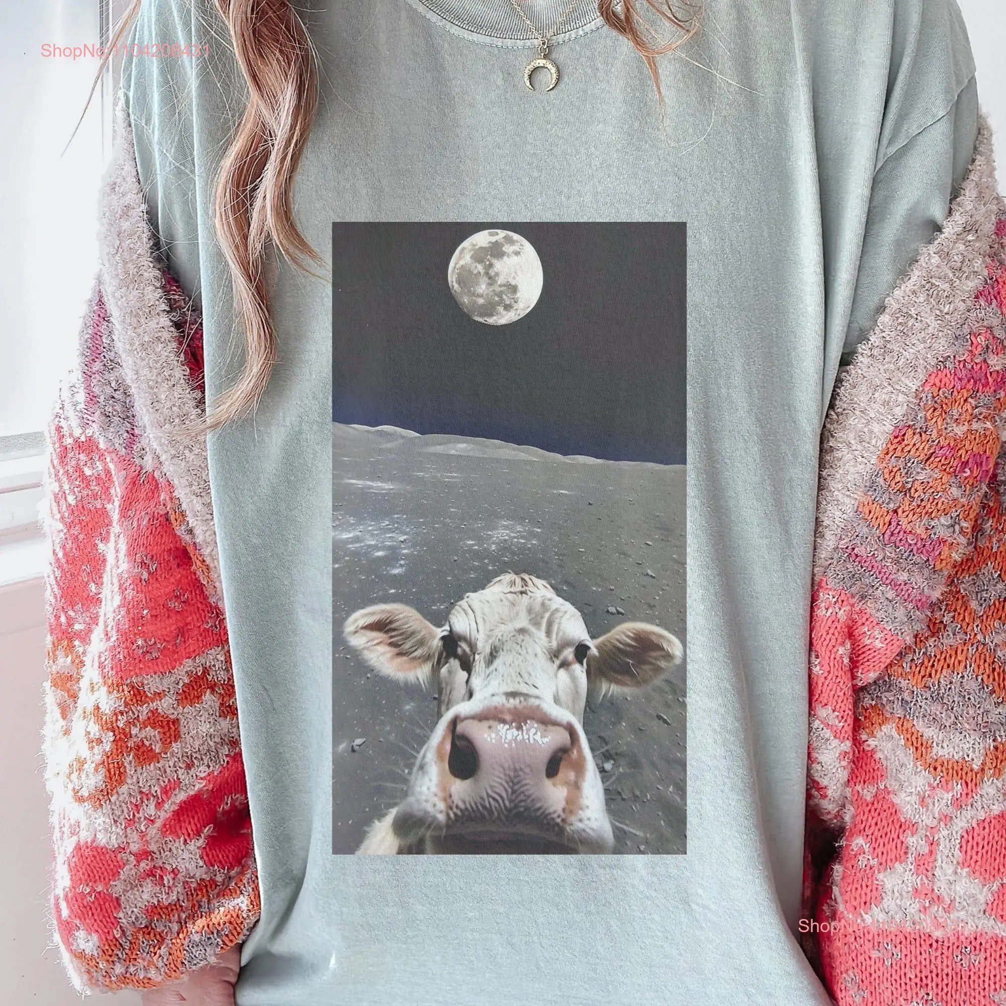 Cow Selfie Moon T Shirt in Space Funny Face Humor Lover Cute Photo Meme Joke Head long or short sleeves