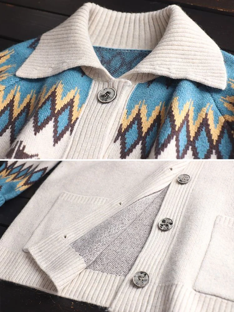 Cardigans de malha com gola virada para baixo feminino, suéteres de lã, jacquard, bolsos grandes, malhas soltas casuais, botões, novo, outono, 2022