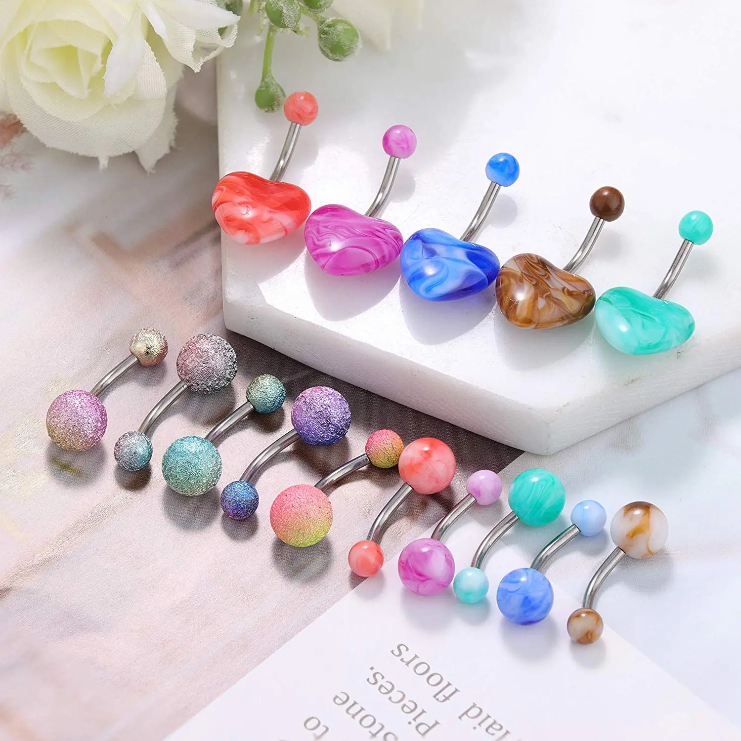 3-9pcs/lot Butterfly Heart Dangled Belly Button Ring Set Steel Crystal CZs Skeleton Hand Holding Stone Ball Belly Rings GiftPack