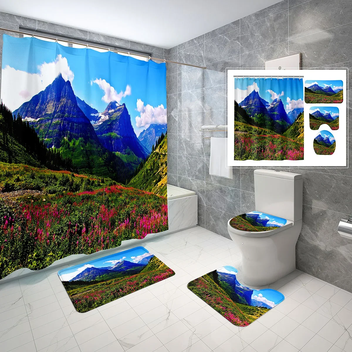 

Комплект из 4 предметов: шторка для душа с пейзажным рисунком, чехол на крышку унитаза и нескользящий коврик для ванной, водонепроницаемый комплект шторок для душа с изображением горного заката