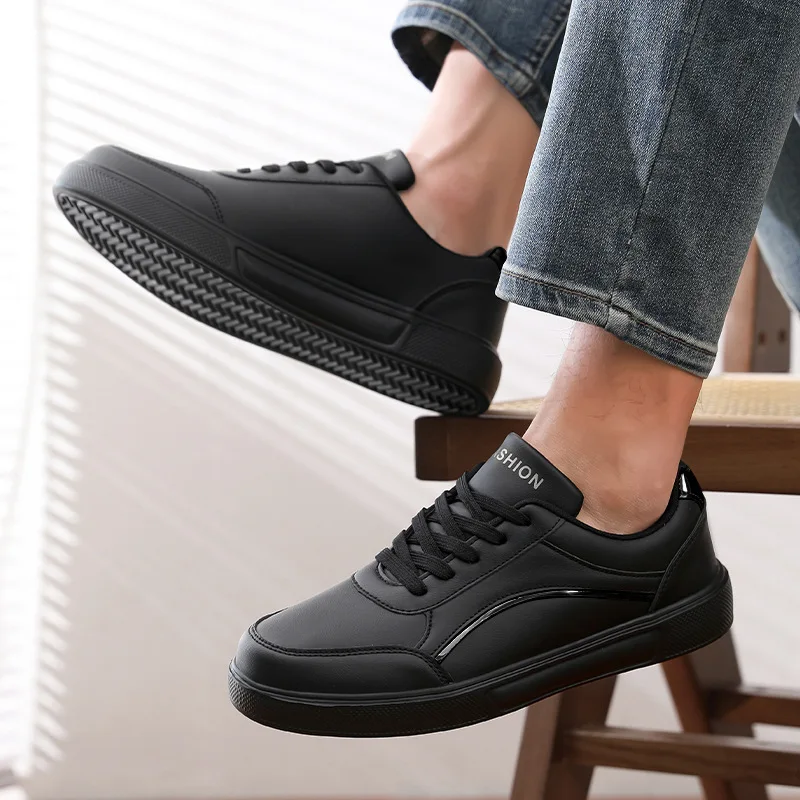 

Men's Casual Black Sneakers Fashionable Lightweight Comfortable Non Slip Shoes Minimalist Design PU Leathe Skate Shoes for Men