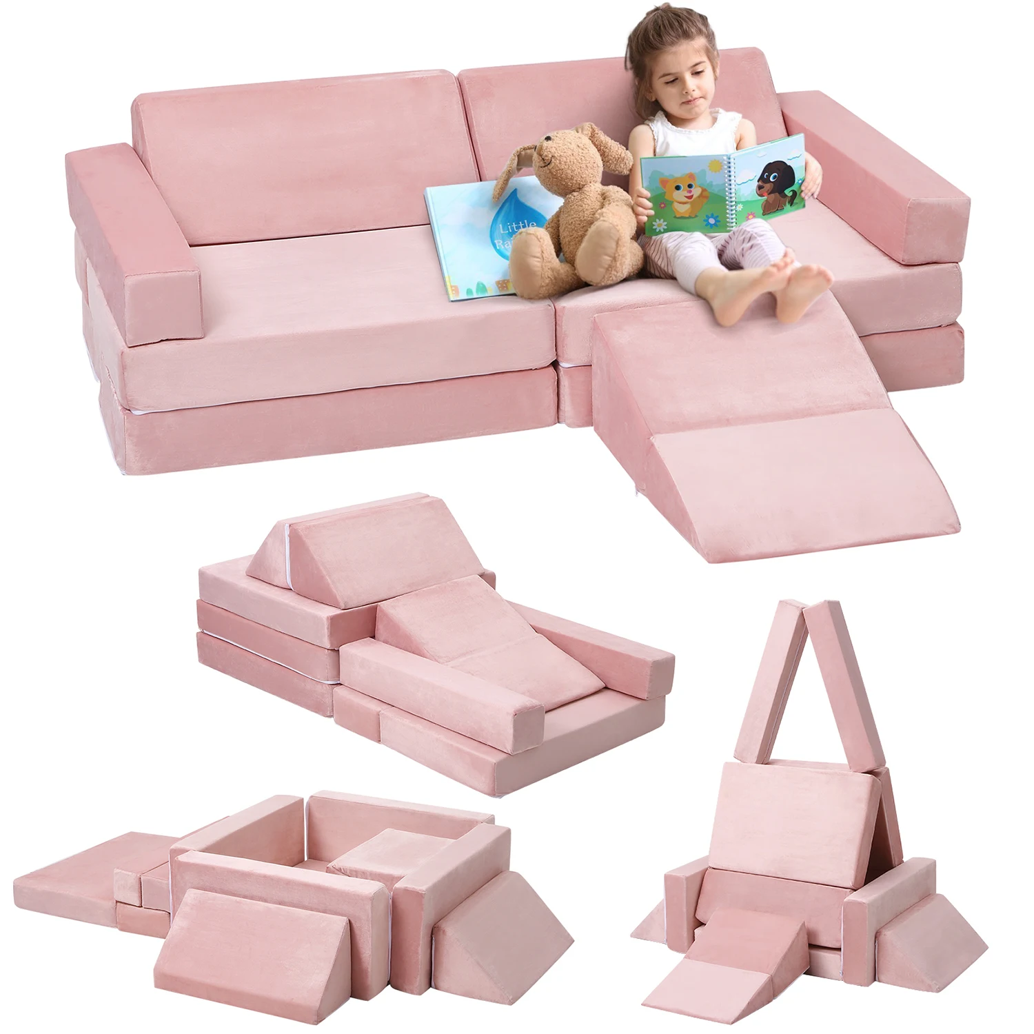 12 Pcs Kids Modular Play Couch Sofa with Square Ball Pit & Climbing Slope Cushion Play Activity Area Children's Furniture