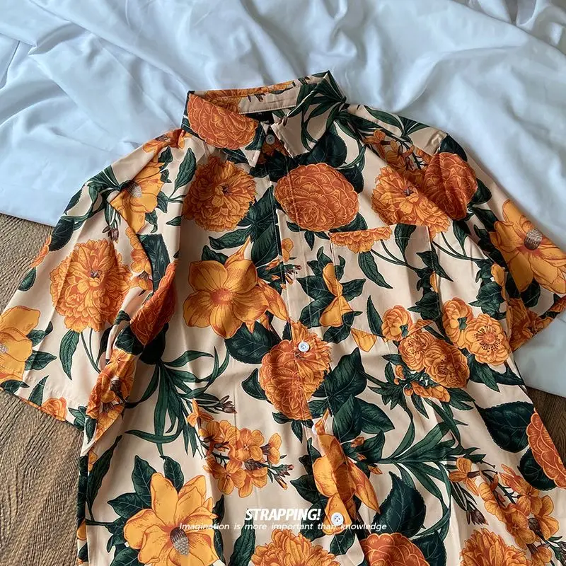 Camisas florais de manga curta laranja e damasco para homens e mulheres, havaianas, japonesas retrô estilo Hong Kong, novas