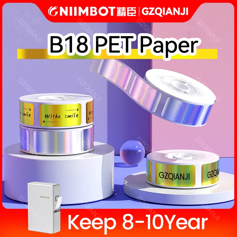 Niimbot B18 Thermal Label PET Paper Rolls for B18 Label Printer Maker Color White Transparent Cabel Label Pet Papers Rolls