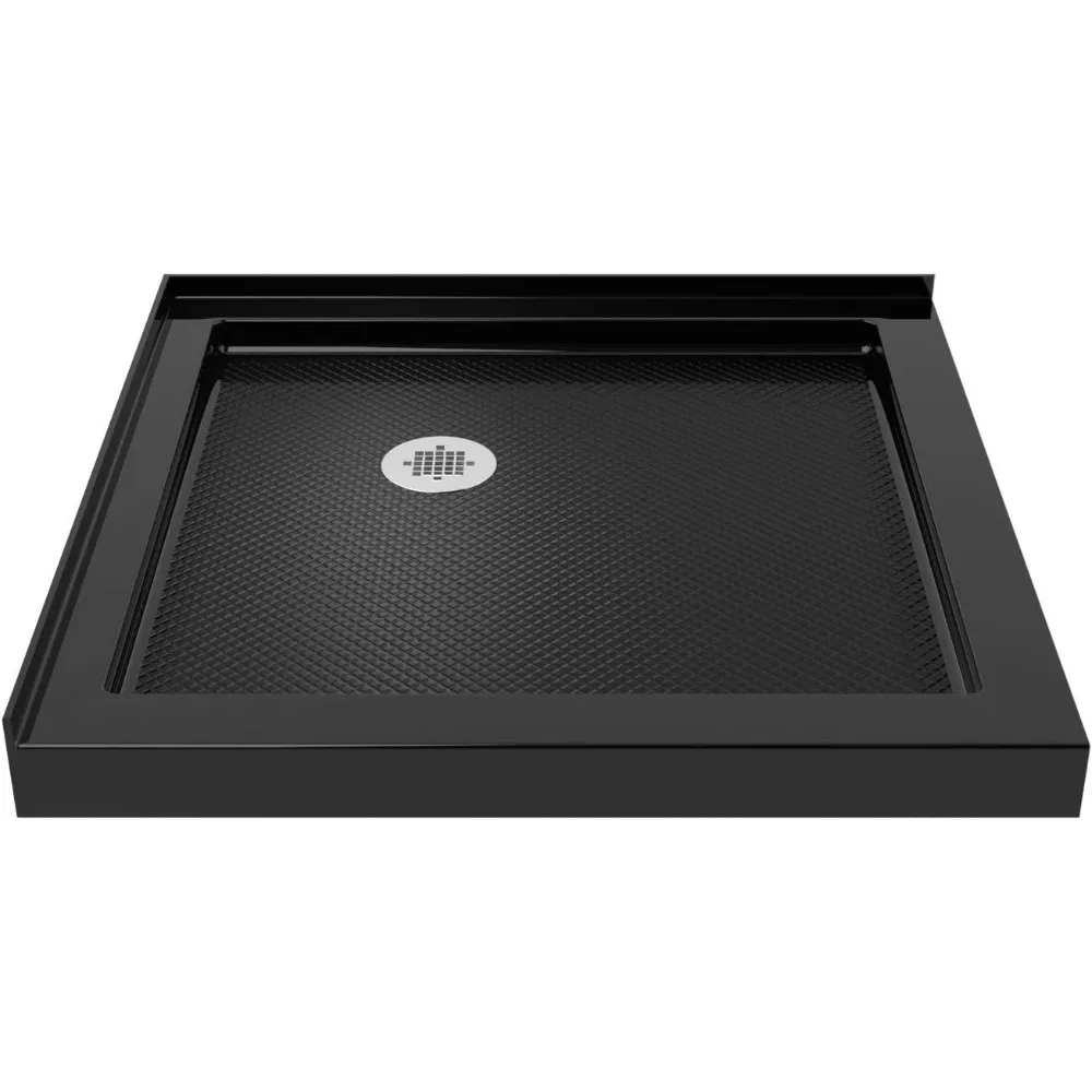 

Corner Drain Double Threshold Shower Base in Black, DLT-1032320-88, 32 in. D X 32 in. W X 2 3/4 in. H Shower Base