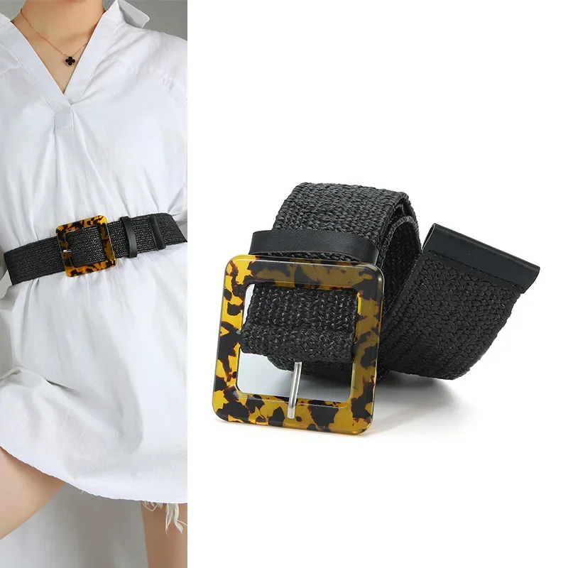 Cinturón ancho tejido de paja con estampado de leopardo para mujer, hebilla de resina elástica, accesorios de ropa para niñas, cinturones de lujo