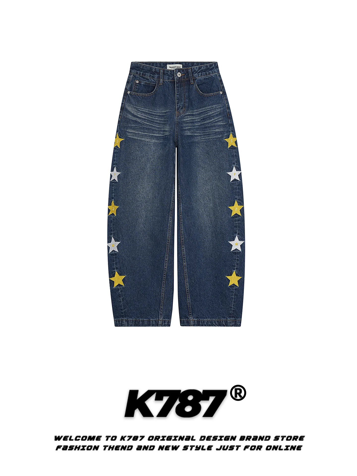 

Джинсы K787 в американском ретро-стиле с вышивкой звезд, свободные, повседневные, широкие, в пол, модные брюки-клеш для мужчин и женщин