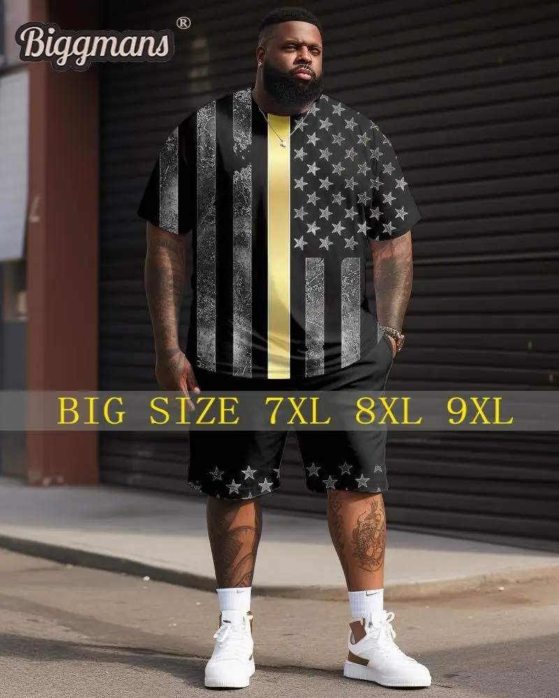 Biggmans Casual 2 Peças Conjuntos para Homens, T-Shirt e Shorts, Bandeira Estampada, Bandeira, Grande, Plus Size Terno, Roupas de Férias, L-9XL