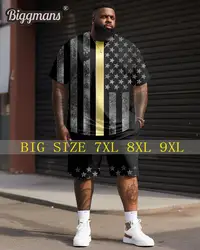 Biggmans Two Piece Sets T-Shirt for Men's Casual Clothing Independence Day Flag Print Shorts Big Plus Size Suit L-9XL