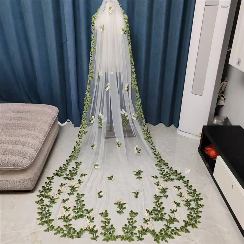 

Floral Wedding Bridal Veils Catholic Green Leaves Yellow Flowers Accessories White Ivory Tulle For Brides Unique Wildflower Long