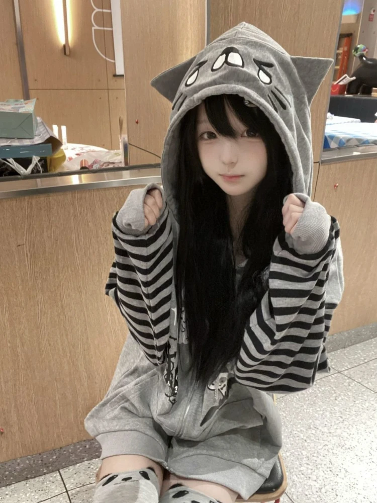 HOUZHOU Kawaii Gray Striped Juminocore Women Hoodies Y2k Japanese Harajuku Cartoon Print Zipper Hooded Sweatshirt Loose Sweet