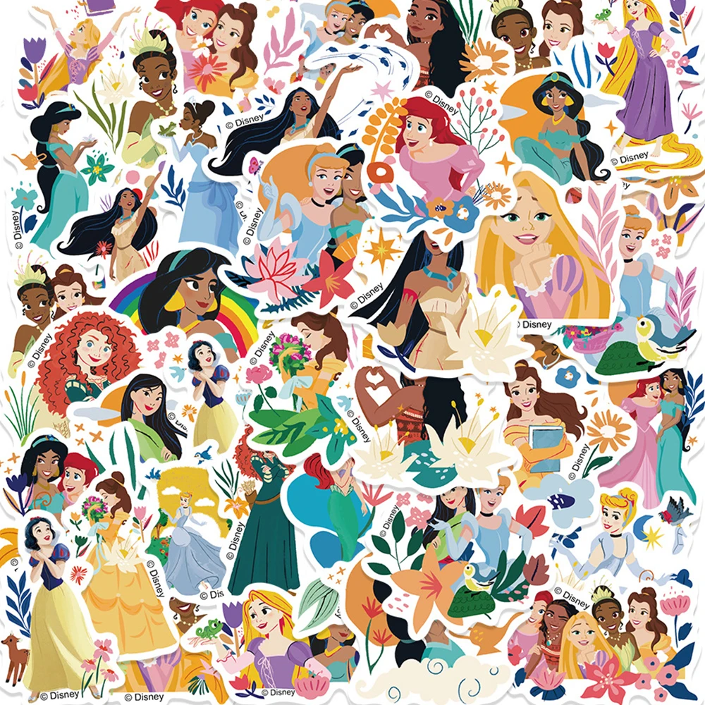 50pcs Colorful Flower Disney Princess Stickers Aesthetic Snow White Rapunzel Ariel Belle Cartoon Decals Kawaii DIY Phone Diary